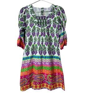 Yo Baby Girls Boho Style Colorful Dress With Smocked Neckline Size 6 Cotton